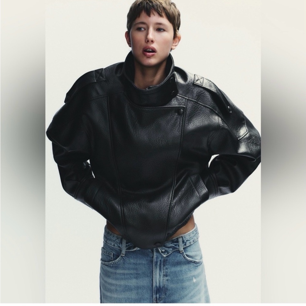 Zara Faux Black Leather-Effect Oversized Biker Jacket - Picture 3 of 8